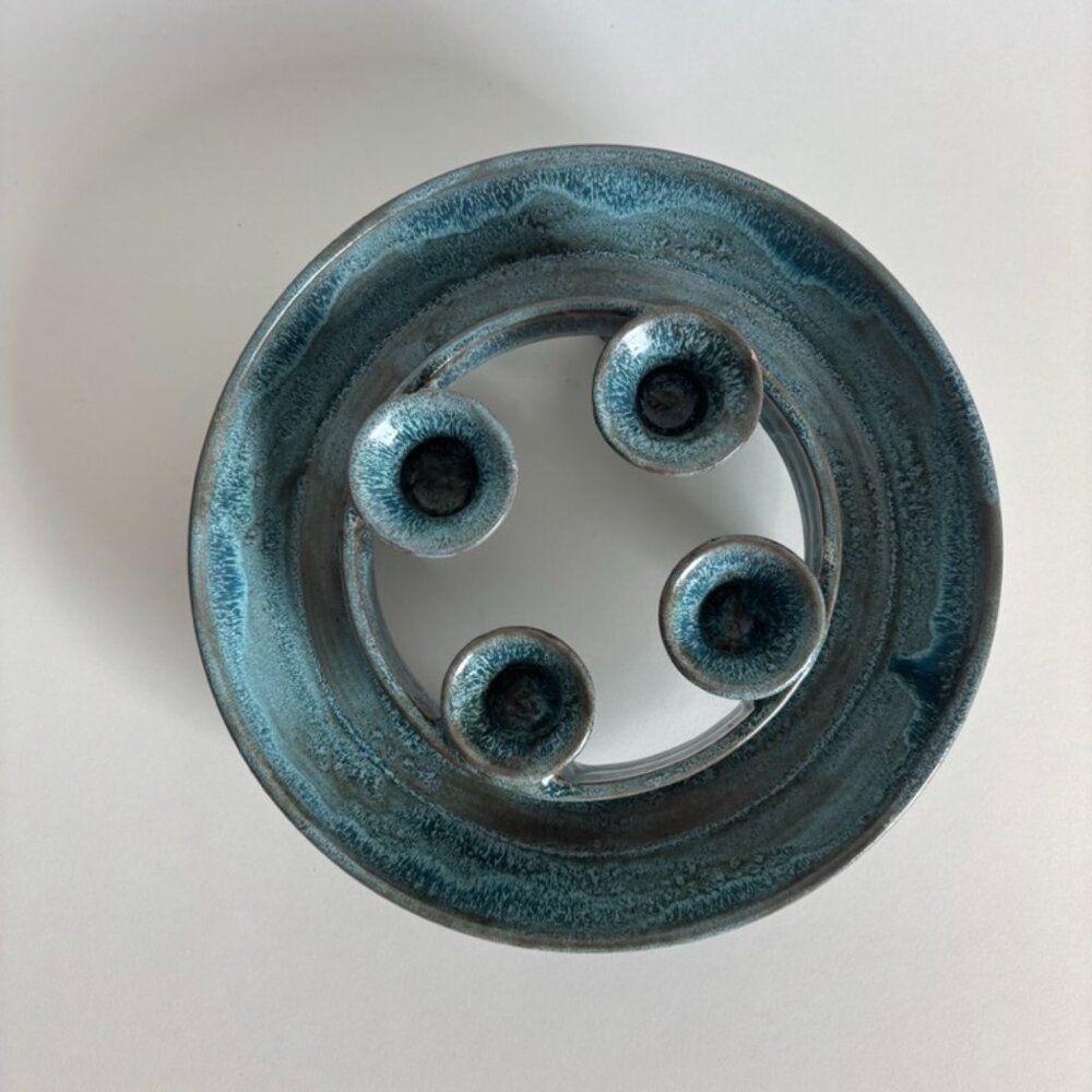 Vintage Handmade Aqua Blue Ceramic 4 Candlestick Holder | Candelabra
